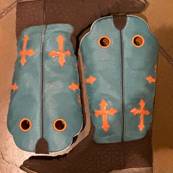 Ariat Ranchero Boots Kids 4/Women's 6 Style 10014120 Teal with Orange Cross - Picture 6 of 8